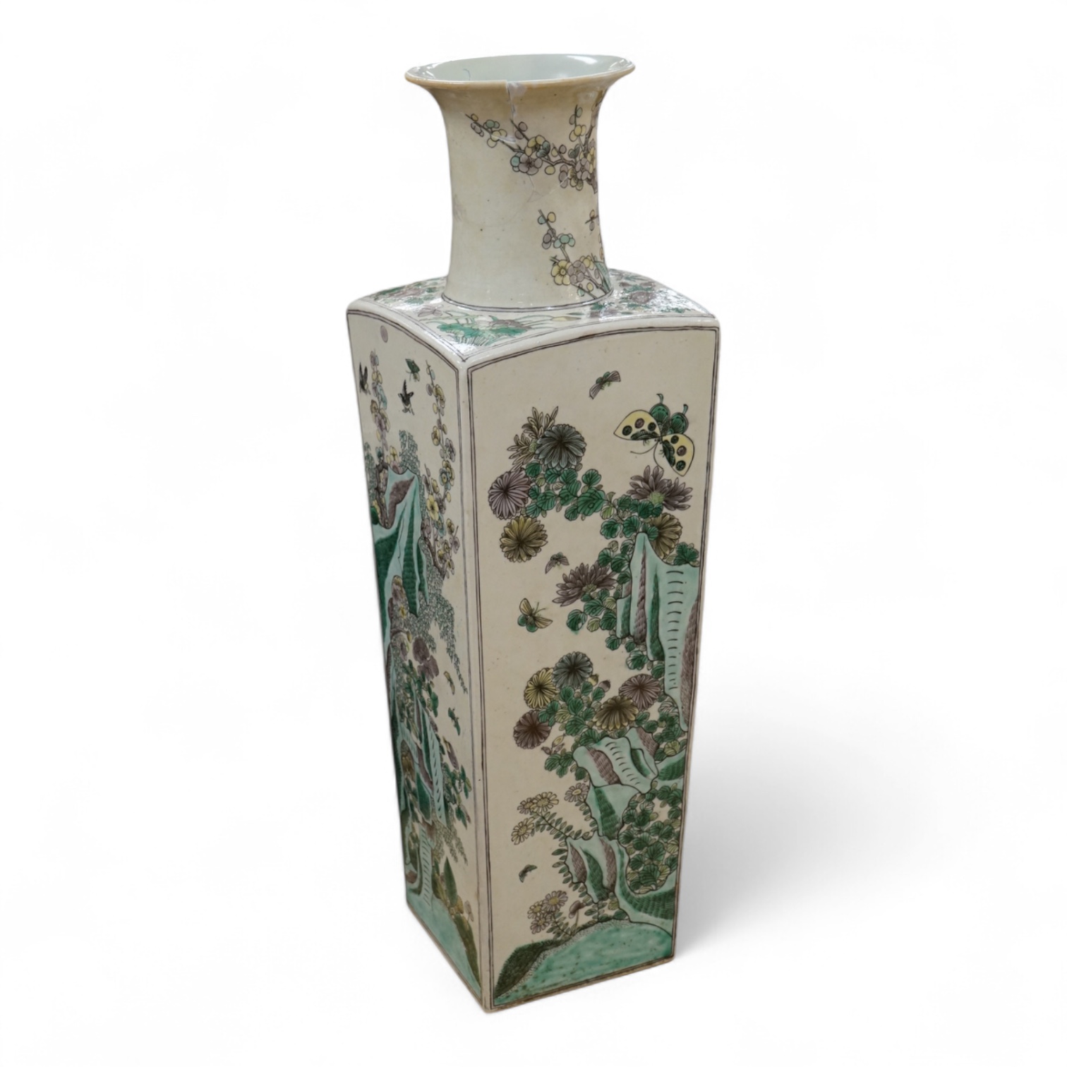 A large Chinese famille verte enamelled biscuit square vase, late 19th century, 50cm